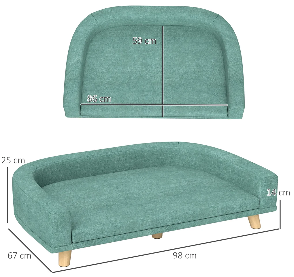 PawHut Canapea Elegantă pentru Animale de Companie, Pat Înălțat cu Pernă Moale, Cadru din Lemn, Verde, 98x67x25cm | Aosom Romania
