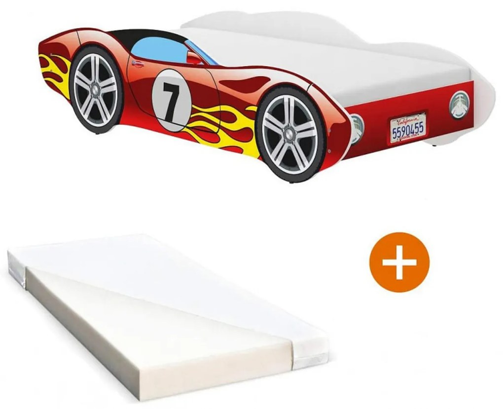 Pat tip masinuta pentru copii NOVOKIDS™ CORVETTE, 160x80 CM, Set cu Saltea din Spuma MATSEN® 10 CM Inclusa, Somiera Sistem FLEX, Cu Protectii