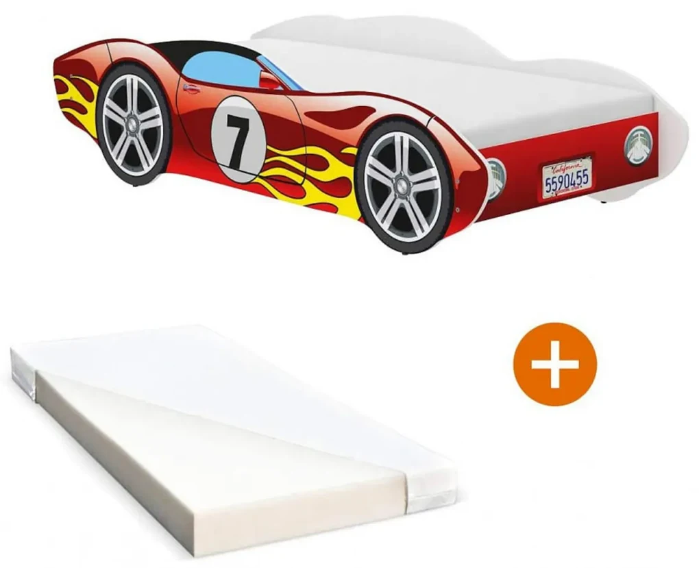 Pat tip masinuta pentru copii NOVOKIDS™ CORVETTE, 160x80 CM, Set cu Saltea din Spuma MATSEN® 10 CM Inclusa, Somiera Sistem FLEX, Cu Protectii