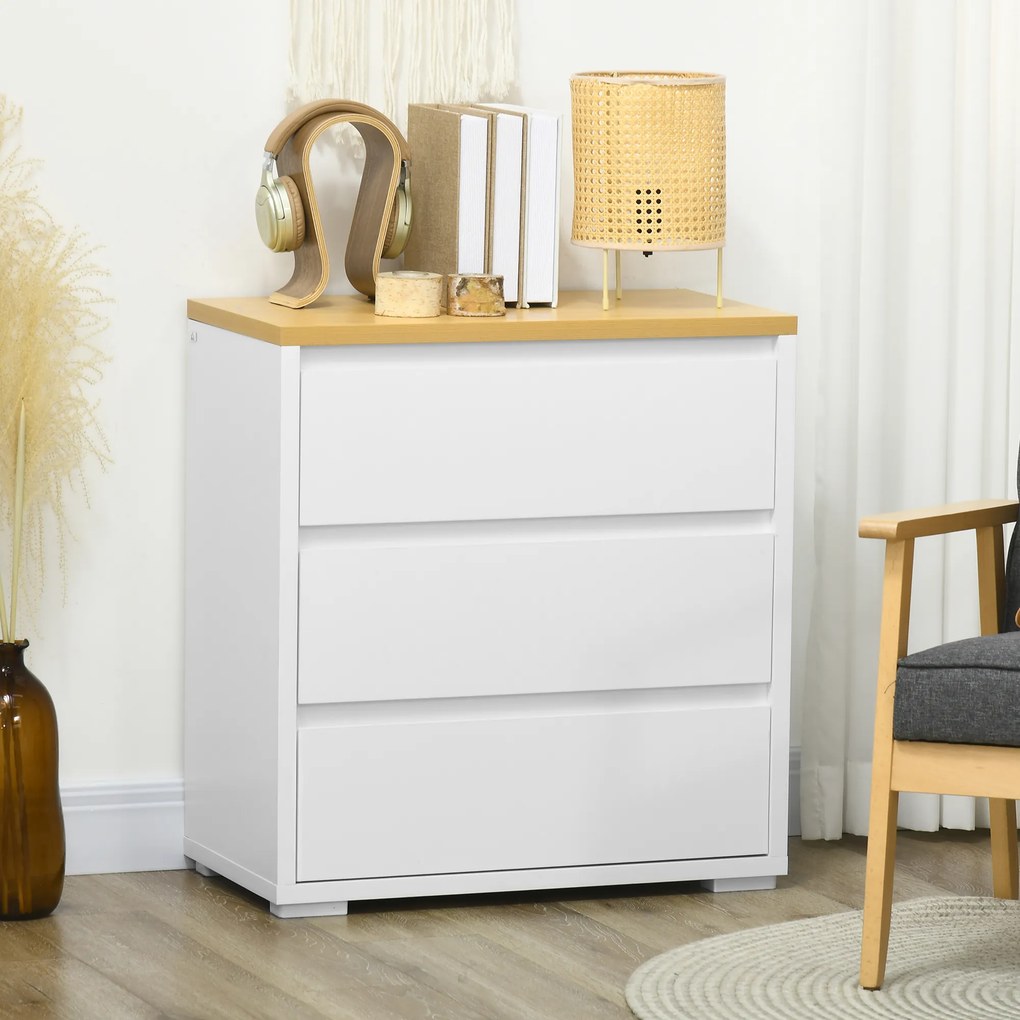 HOMCOM Comodă Depozitare, 3 Sertare, Mobilier Dormitor/Cameră de Zi, Alb/Lemn Natural | Aosom Romania