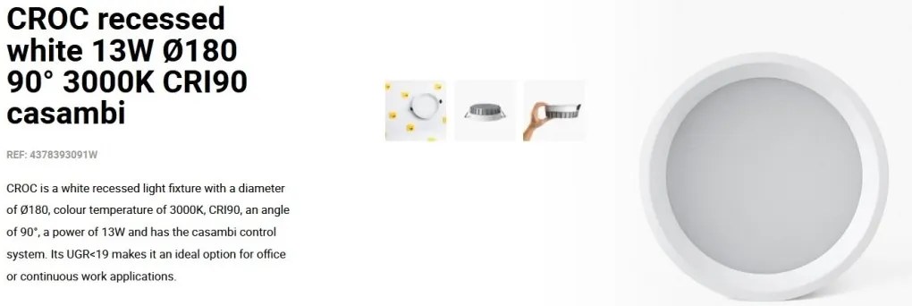 Spot LED incastrabil recessed white 13W 18cm 90 grade 3000K CRI90 casambi