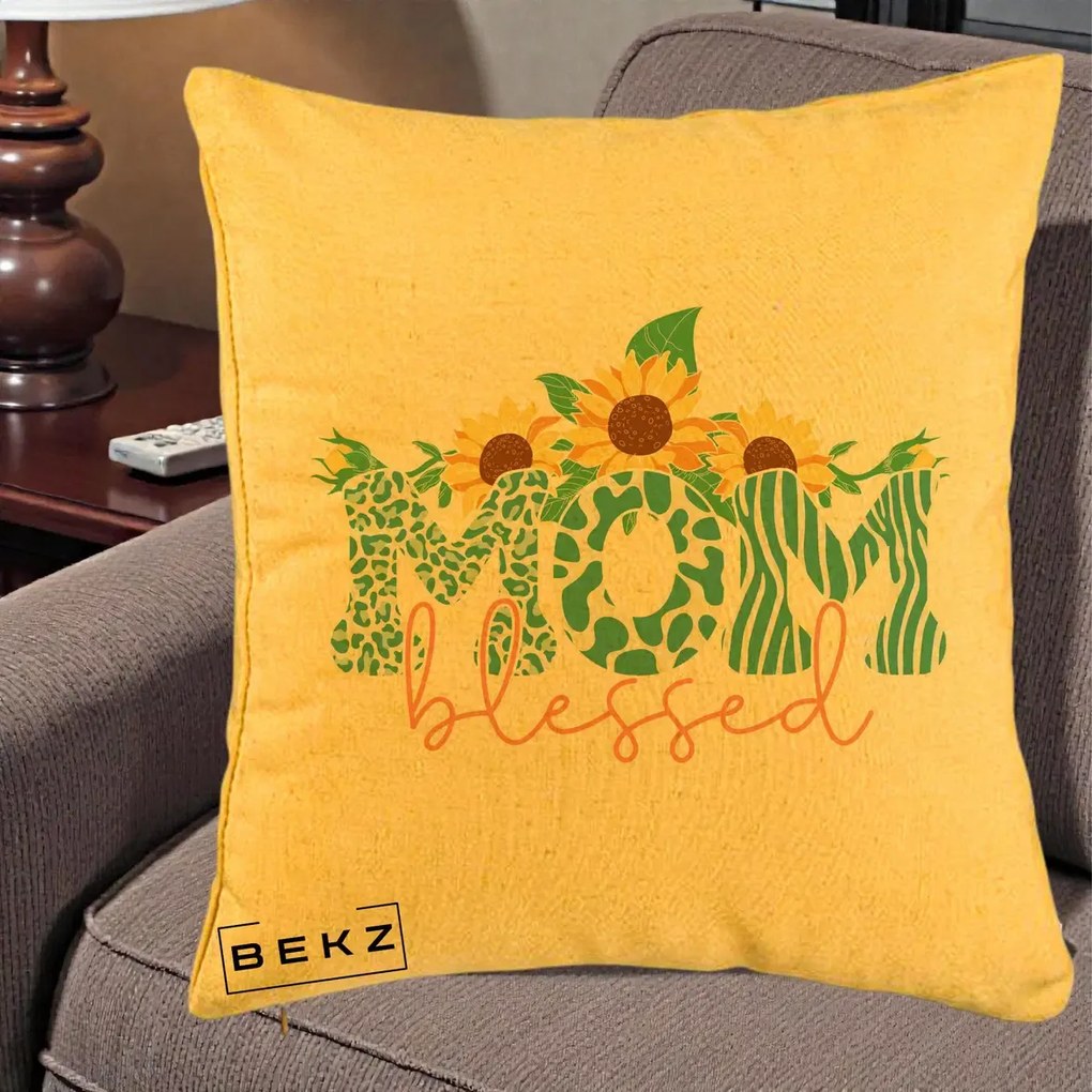 Cadou pentru Mama - Perna Personalizata Mom Blessed cu Floarea Soarelui Animal Print Teal, 40x40 cm, Galben, Husa Detasabila, Perna Inclusa, BEKZ®