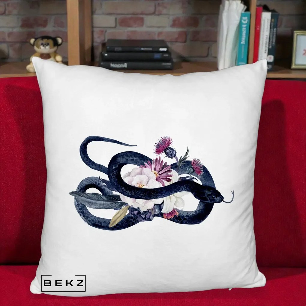Perna Decorativa Sarpe Negru cu Flori Gothic, 40x40 cm, Alb Pufos, Husa Detasabila, Perna Inclusa, BEKZ®