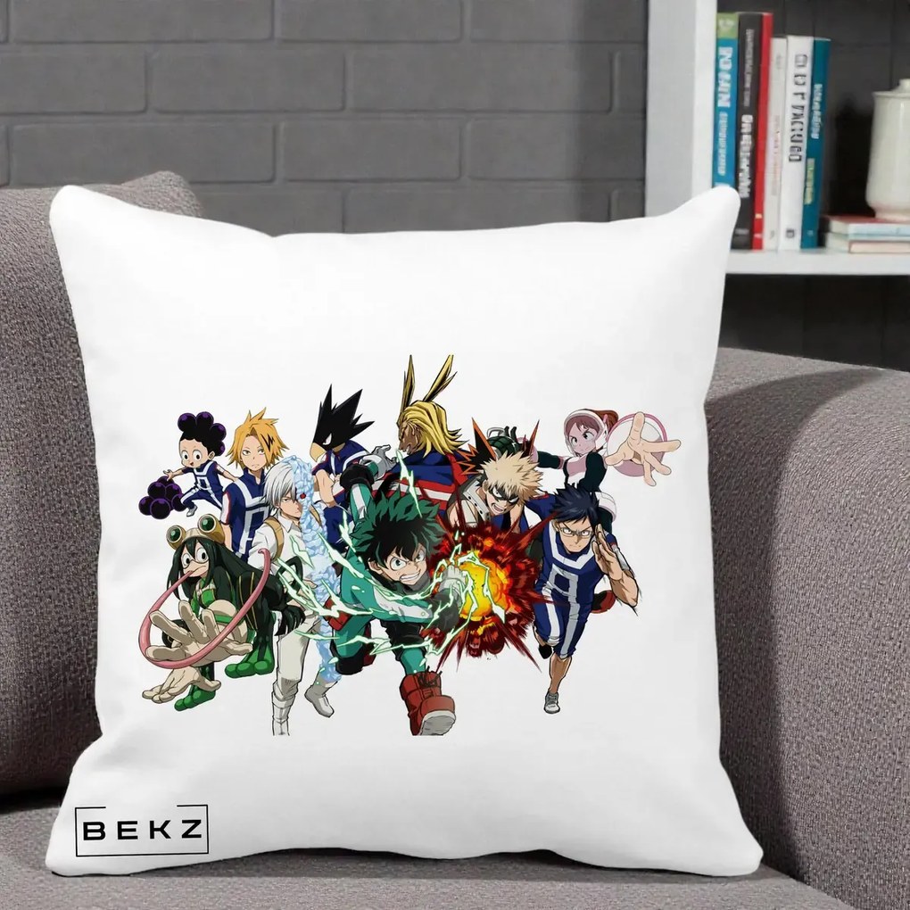 Perna Personalizata My Hero Academia Clasa 1-A Complet, 40x40 cm, Alba Mata, Husa Detasabila, Perna Inclusa, BEKZ®