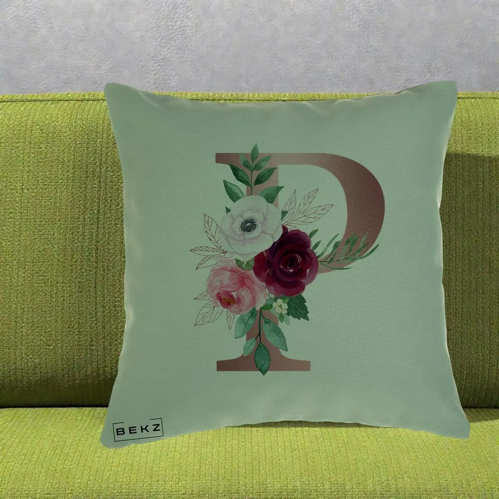 Cadou Personalizat - Perna Personalizata Monograma Rose Gold Litera P, 40x40 cm, Verde, Husa Detasabila, Perna Inclusa, BEKZ®