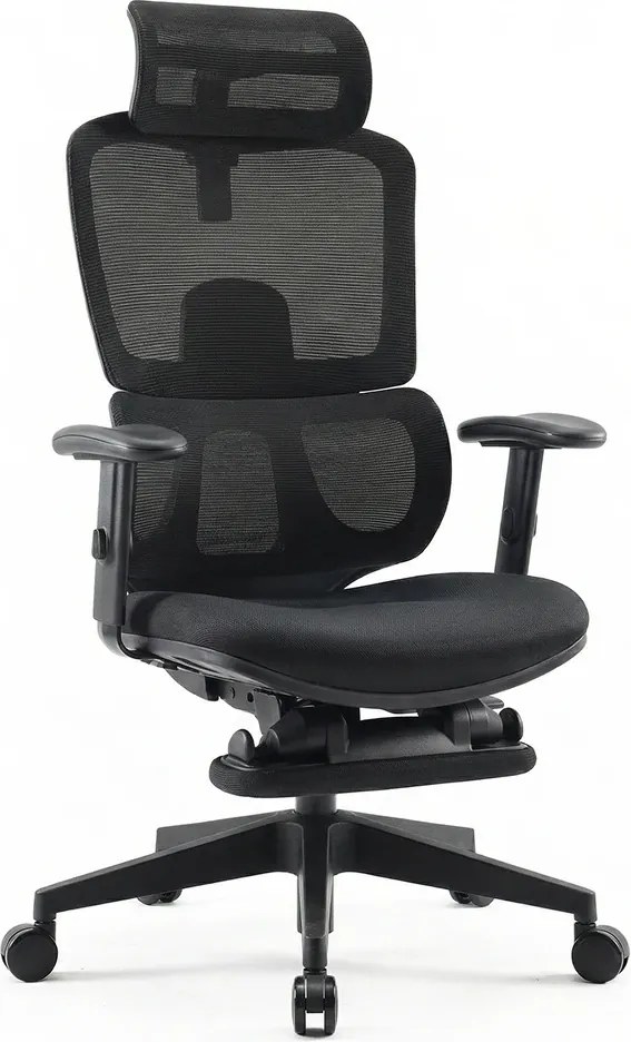 Scaun ergonomic SIHOO, spătar reglabil înălțime, suport lombar, tetieră reglabilă, mecanism înclinare/blocare în 3 poziții, suport picioare, pivotant, Mesh, Negru