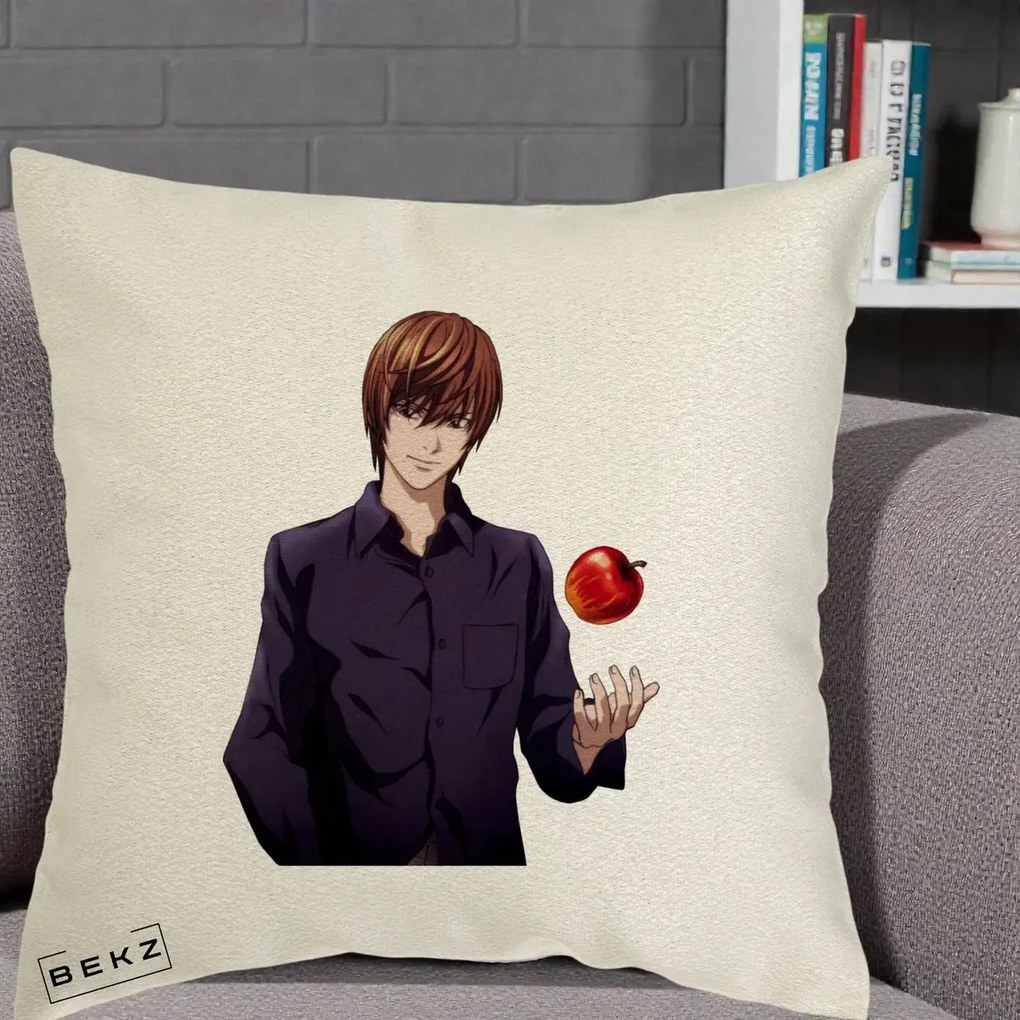 Perna Personalizata Death Note Light Yagami cu Mar, 40x40 cm, Ecru, Husa Detasabila, Perna Inclusa, BEKZ®
