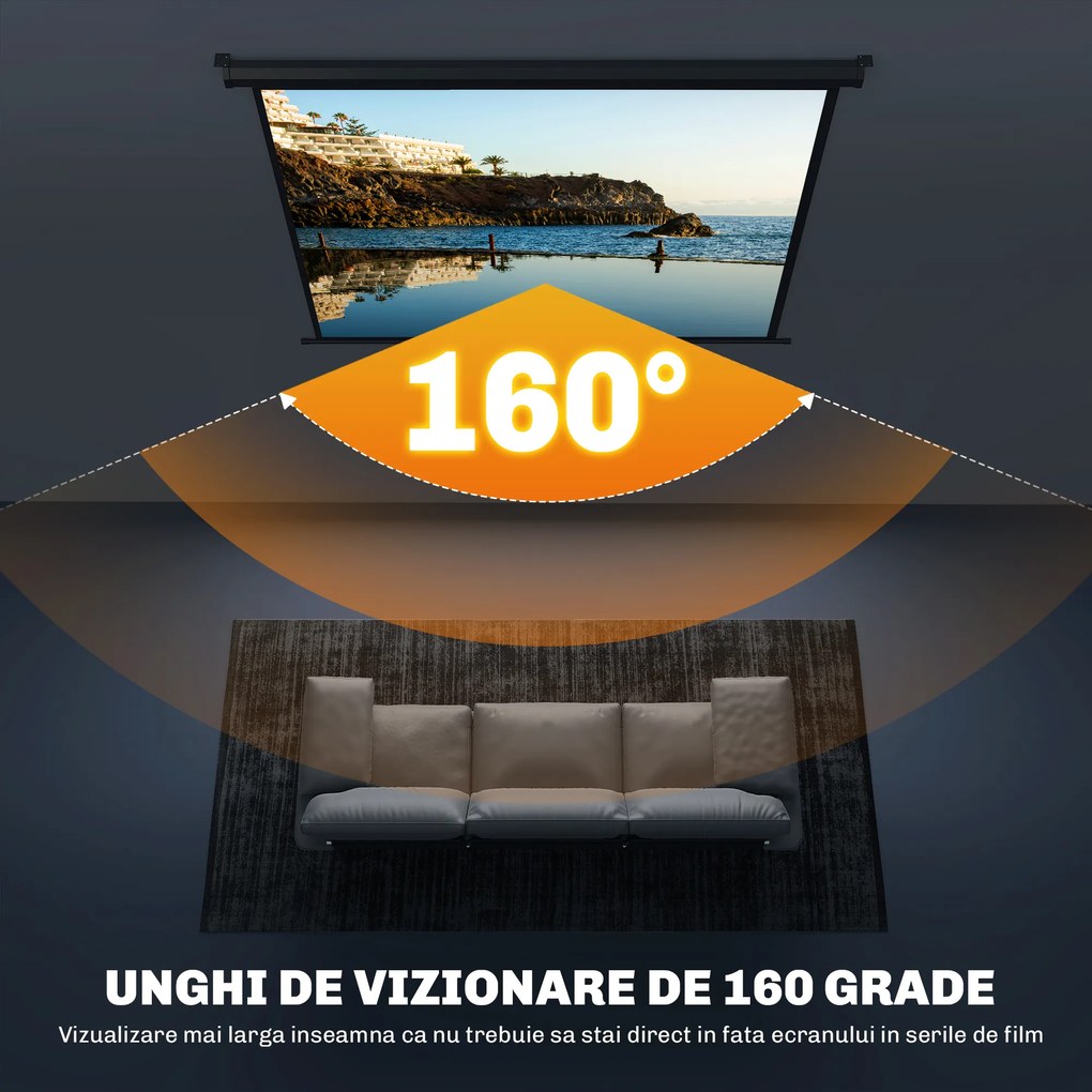 HOMCOM Ecran de Proiecție 84", Format 4:3, Unghi de 160° și Montare pe Tavan sau Perete, Negru | Aosom Romania