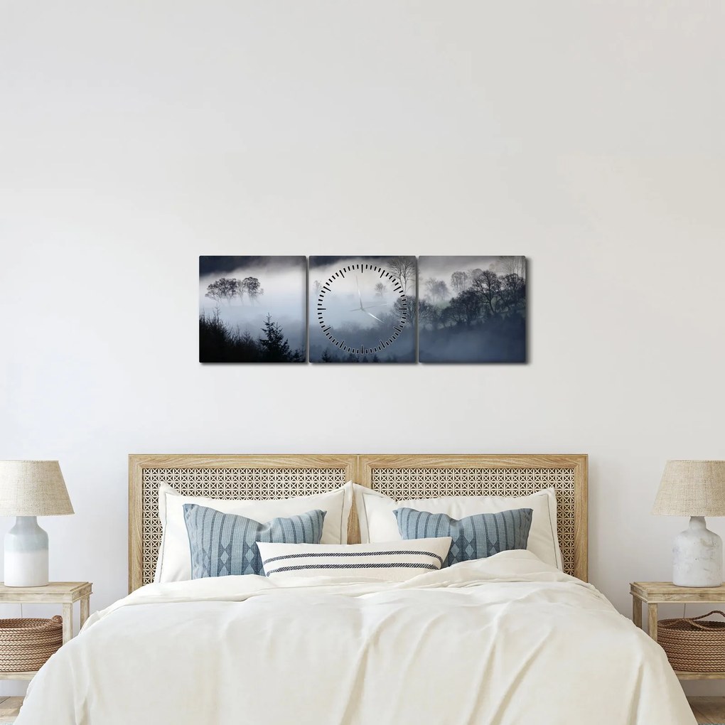 Tablou cu ceță deasupra pădurii (cu ceas) (90x30 cm)