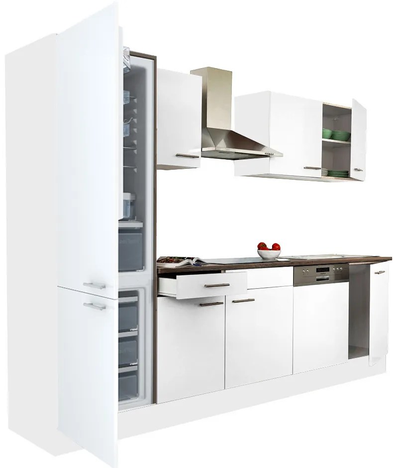 Mobilă de bucătărie Yorki 280, corp alb, față alb satinat, frigider cu congelator jos