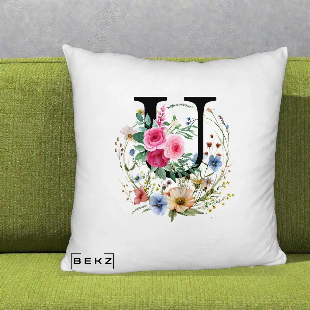 Cadou Personalizat - Perna Personalizata Monogram Litera U cu Flori Acuarela, 40x40 cm, Alb Pufos, Husa Detasabila, Perna Inclusa, BEKZ®