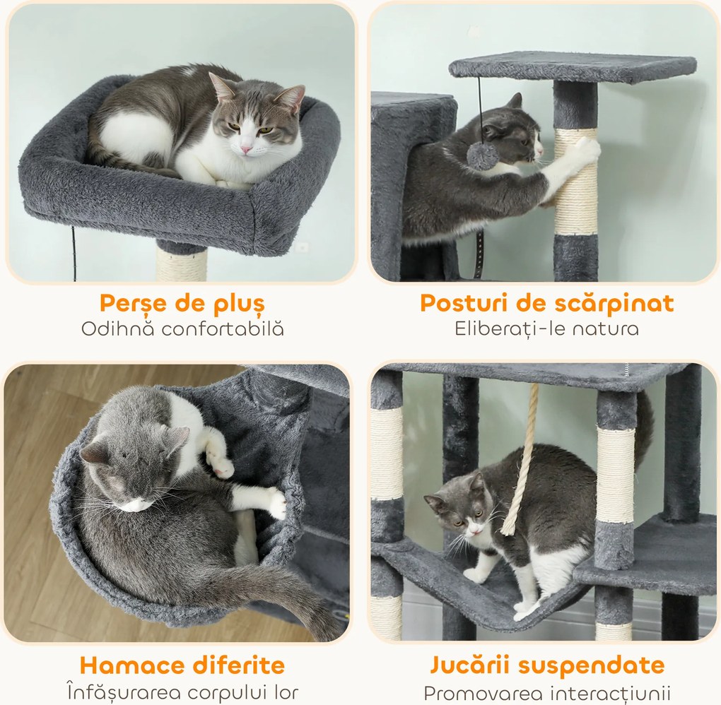 PawHut Arbore pentru pisici cu sisal, 202 cm înălțime, cu 6 stâlpi din sisal, 2 căsuțe, 2 hamace și un pat, gri | Aosom Romania