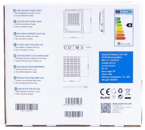 Proiector LED solar dimabil Aigostar LED/30W/3,2V IP67 + telecomandă