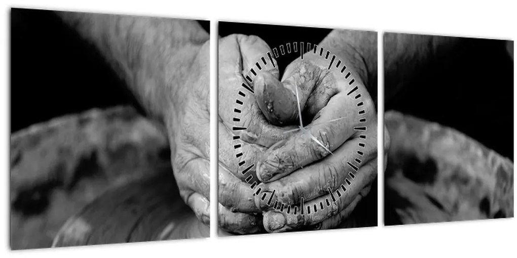 Tablou alb negru - producția de ceramică (cu ceas) (90x30 cm)