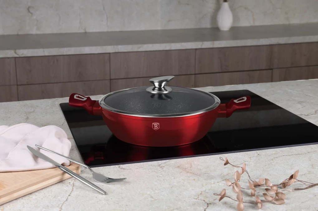 Cratiță marmorată cu capac 28 cm, 3.8 L Berlinger Haus Burgundy Metallic Line BH 1263, antiaderentă, pentru toate plitele, design modern