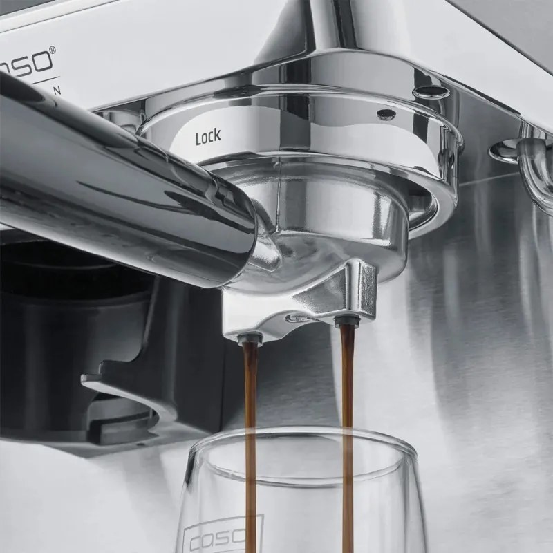 Espressor manual Caso EspressoGourmet&Grind, 1500 W, 20 bar, 1,8 l, Ulka, Spumare lapte, Cold Brew, Comanda tactila, Rasnita, Portafiltru, Otel inoxidabil
