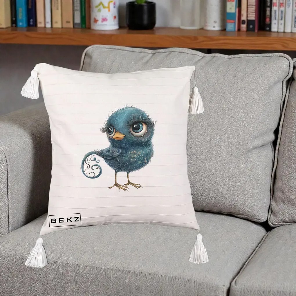 Perna Decorativa Pasare Teal cu Motive Aurii si Coada Spiralata, 40x40 cm, Bej cu Franjuri, Husa Detasabila, Perna Inclusa, BEKZ®