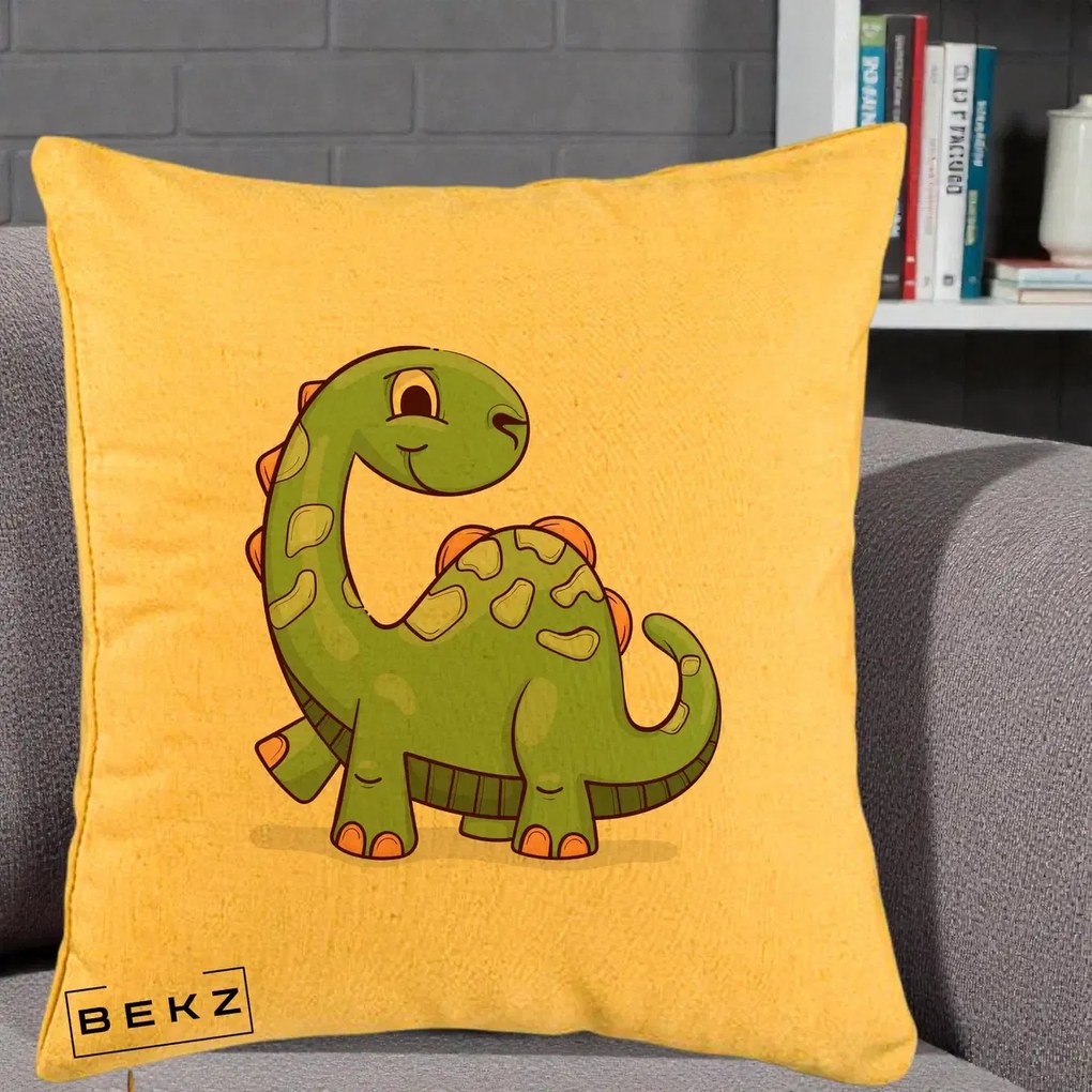Perna Decorativa Brontosaur Verde Simpatic, 40x40 cm, Galben, Husa Detasabila, Perna Inclusa, BEKZ®