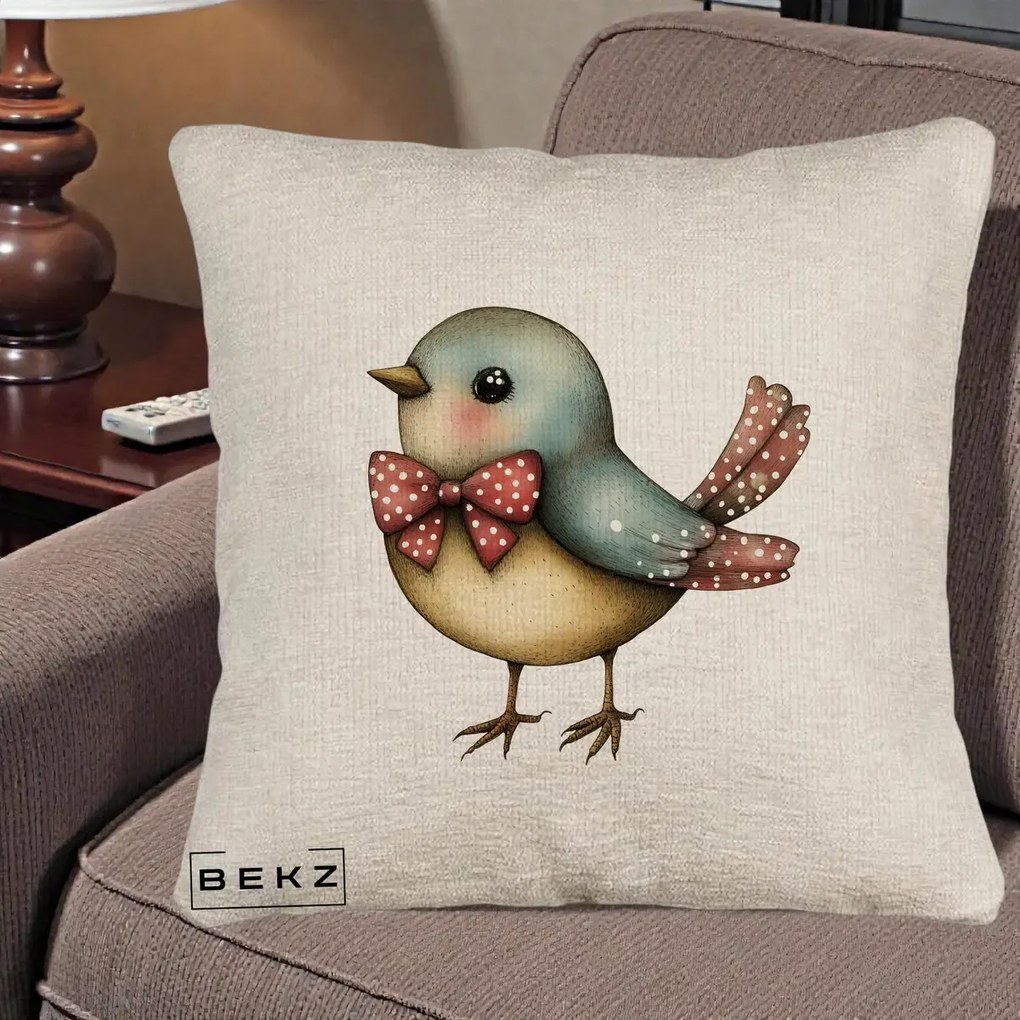Perna Decorativa Pasare Bleu cu Fundita Rosie, 40x40 cm, Bej Canapea, Husa Detasabila, Perna Inclusa, BEKZ®