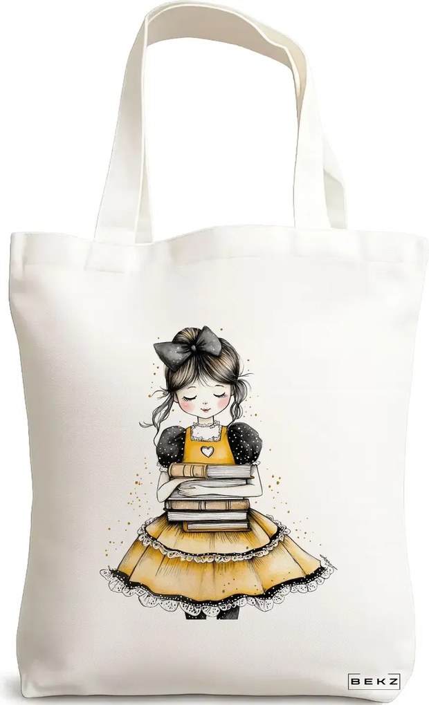 Sacosa de Panza pentru Cumparaturi, Geanta Tote, model The bookie girl 8 38 x 34.5 cm, Alba, BEKZ®