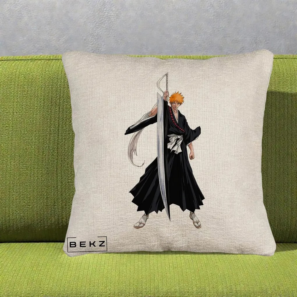 Perna Personalizata Bleach Ichigo Kurosaki Zangetsu, 40x40 cm, Bej Canapea, Husa Detasabila, Perna Inclusa, BEKZ®