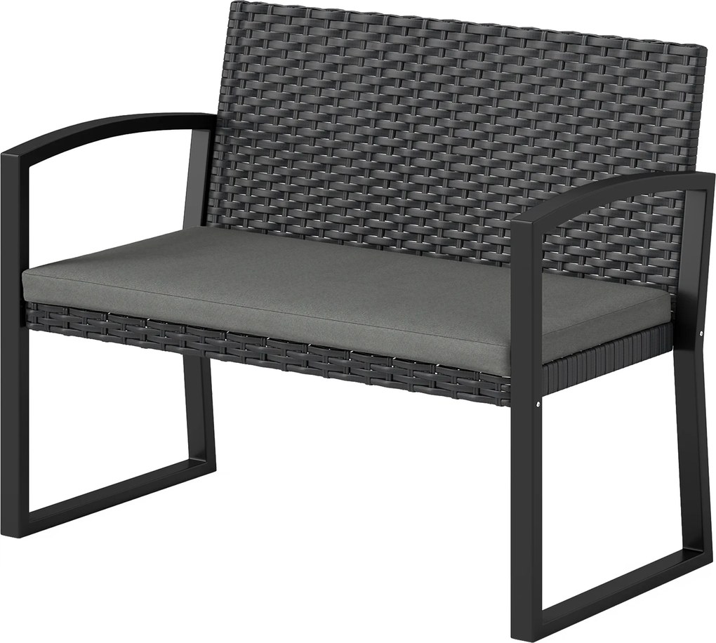 Outsunny Banc de grădină 2 locuri, banc de exterior din resină împletită PE cu pernă, oțel galvanizat, 103x58x78cm, gri și negru | Aosom Romania