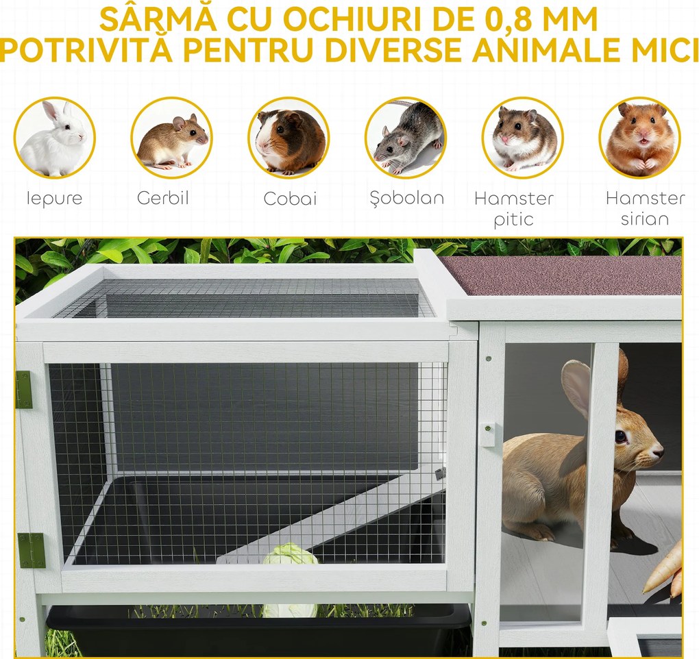 PawHut Conigliera de Exterior cu Casă, Zonă de Alergare și Tavă, Cușcă pentru Iepuri din Lemn de Brad, Metal, PET și Acoperiș din Bitum, 105 x 57.5 x 51.5 cm, Multicolor | Aosom Romania