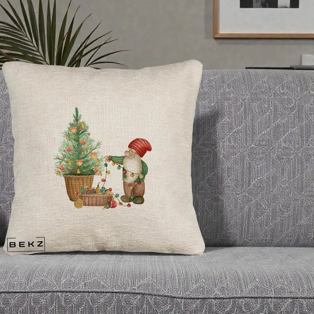 Perna Decorativa Pitic de Craciun cu Brad, 40x40 cm, Bej Canapea, Husa Detasabila, Perna Inclusa, BEKZ®
