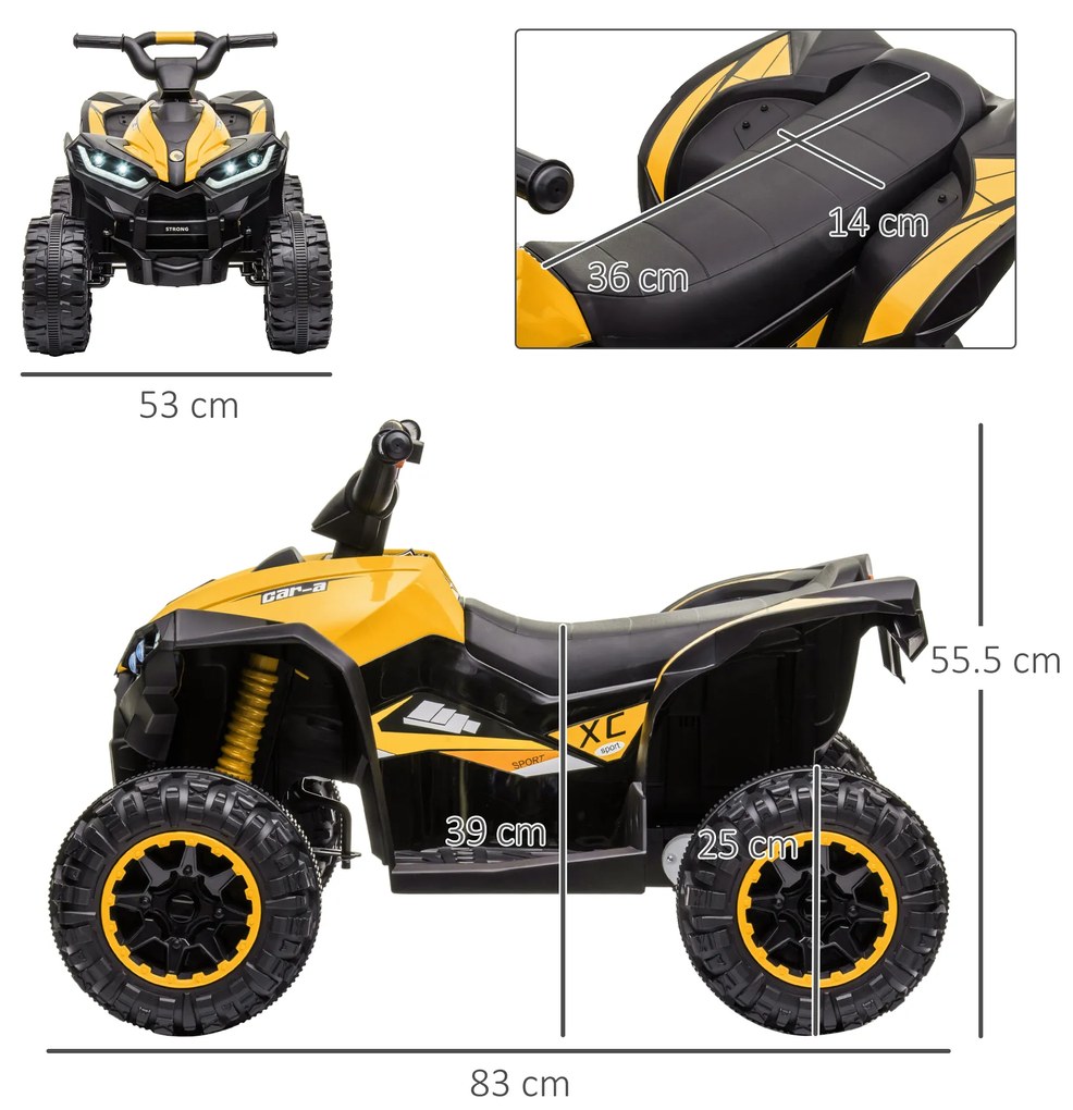 ATV electric copii HOMCOM cu cauciucuri late, masina, faruri LED, 12V ,claxon, muzica, pentru 3-5 ani, galben | Aosom Romania