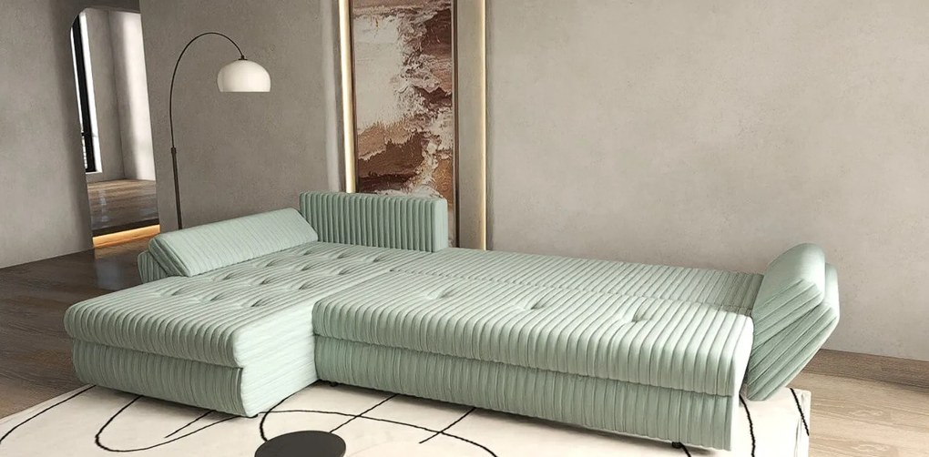 Colțar extensibil dumonde cu ladă de depozitare si sezut confortabil din spuma high-density, Loana XL Ambience Mint II 335x185 cm