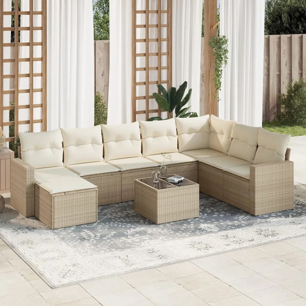 vidaXL Set canapele de grădină, 9 piese, cu perne, bej, poliratan