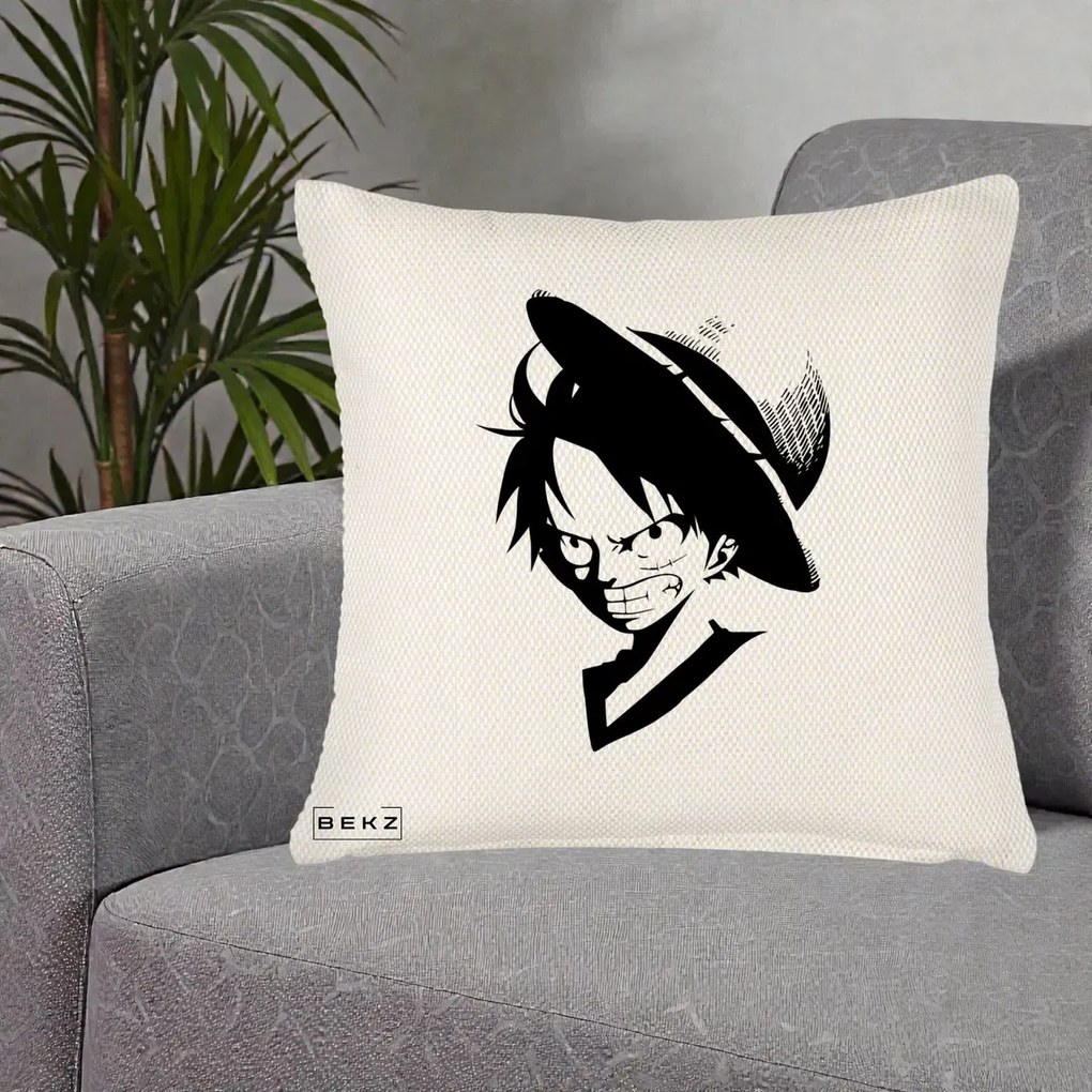 Perna Personalizata One Piece Luffy Silueta Alb-Negru, 40x40 cm, Crem Reliefat, Husa Detasabila, Perna Inclusa, BEKZ®