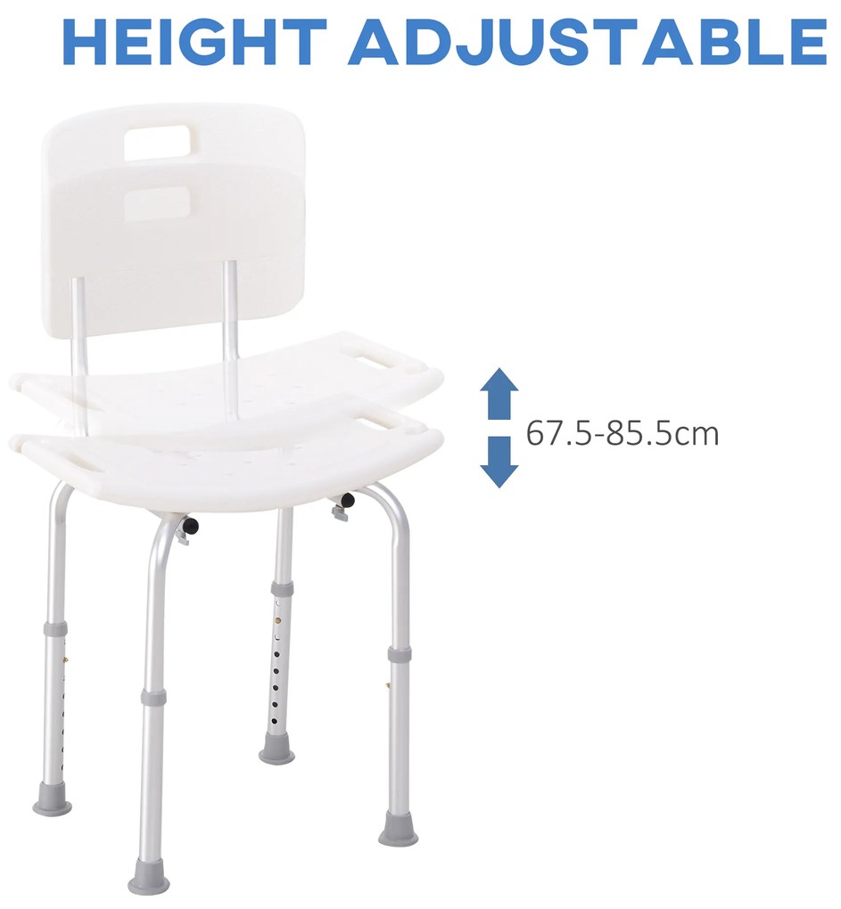 HOMCOM Scaun de Duș Antiderapant cu Spătar și Înălțime Reglabilă pe 8 Poziții, 50,6x43x71-88 cm, Alb | Aosom Romania
