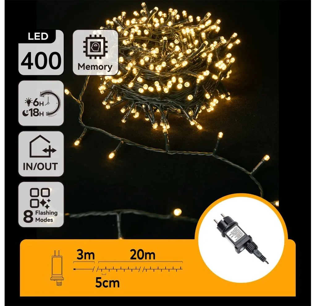 Aigostar - Ghirlandă LED de Crăciun pentru exterior, 400 LED-uri, 8 funcții, 23 m, IP44, alb cald