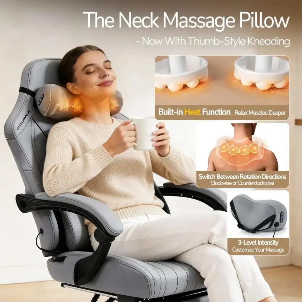 DOWINX 66D59A - Scaun Gaming Ergonomic cu Masaj Shiatsu Cervical cu Încalzire, Masaj lombar, Șezut cu arcuri, Reclinare 90°–145°, Suport picioare, Material respirabil, Gri
