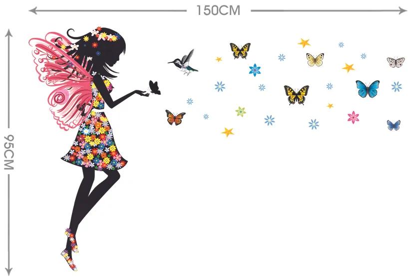 Autocolant de perete „Zână cu fluturi și pasăre colibri” 95x150 cm