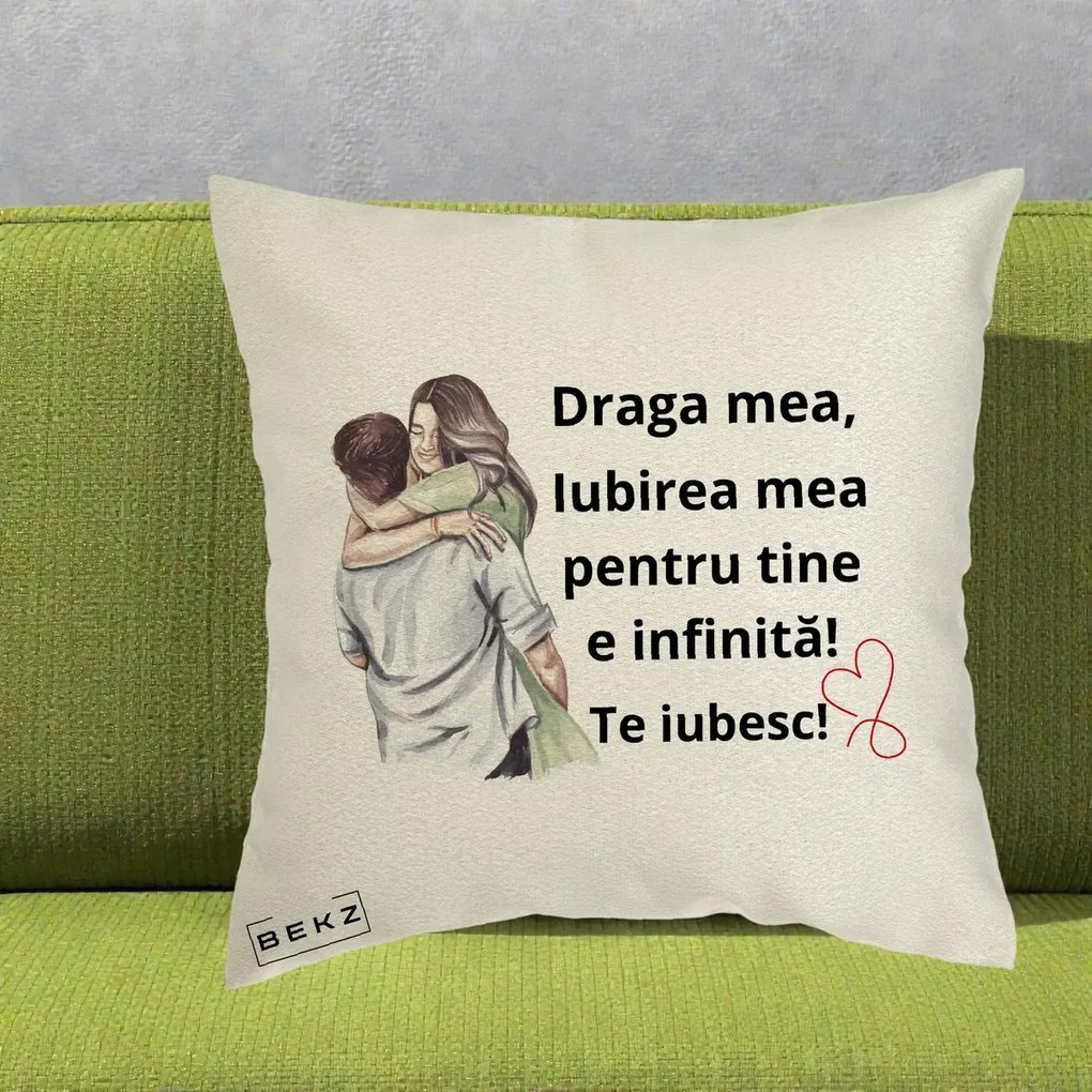 Cadou pentru Iubita - Perna Personalizata Draga Mea Iubirea Mea Infinita Te Iubesc cu Cuplu Acuarela, 40x40 cm, Ecru, Husa Detasabila, Perna Inclusa, BEKZ®