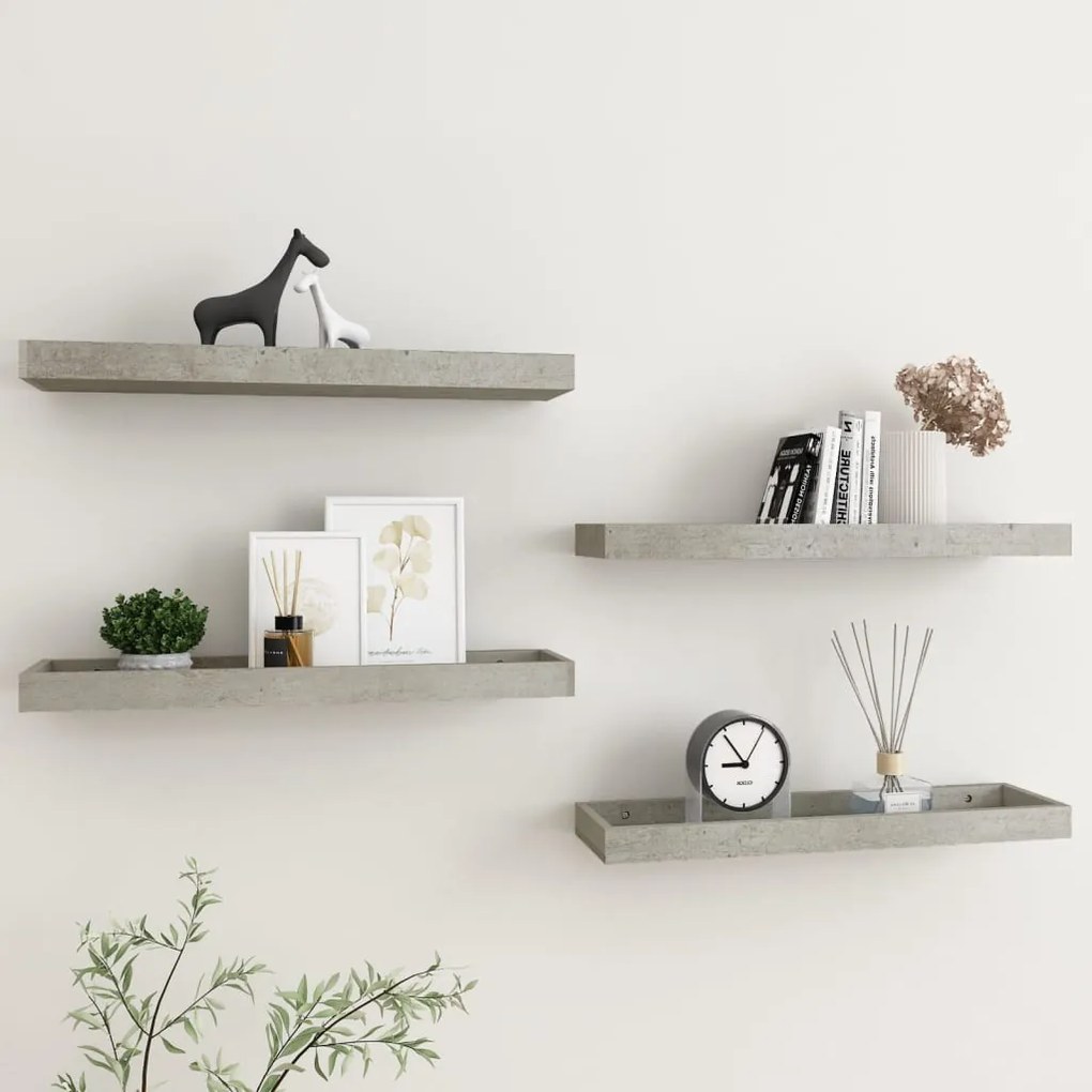 330224 vidaXL Rafturi de perete Loggia, 4 buc., gri beton, 60x15x4 cm, MDF