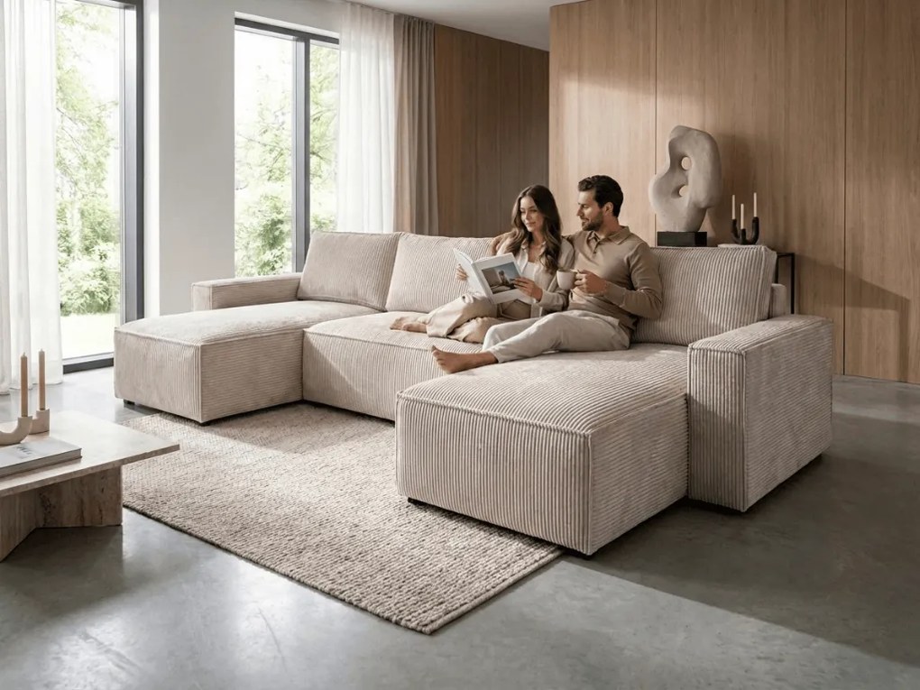 OFERTA Set mobilier coltar in forma de U SMART COSARO bej deschis 295x140 cm clasa a II-a