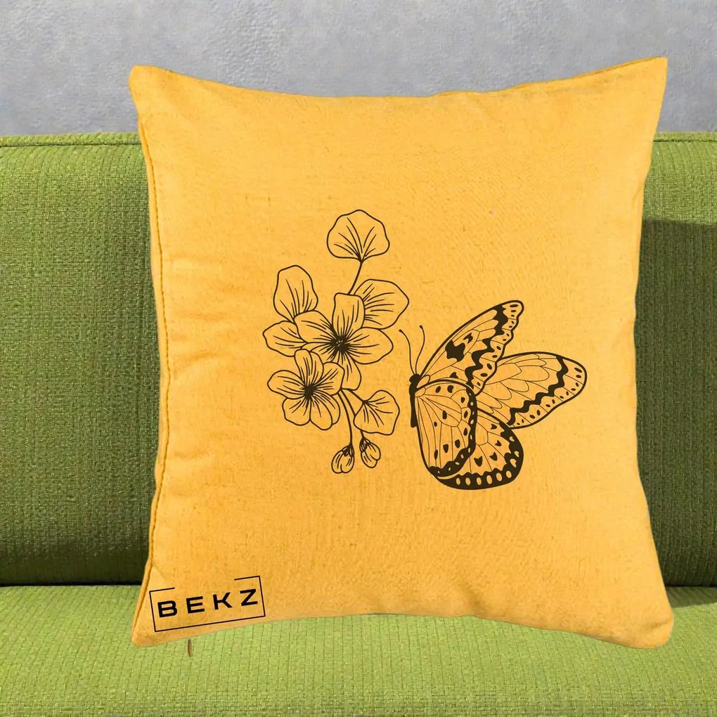 Perna Decorativa Fluture si Flori Linie Monocroma, 40x40 cm, Galben, Husa Detasabila, Perna Inclusa, BEKZ®
