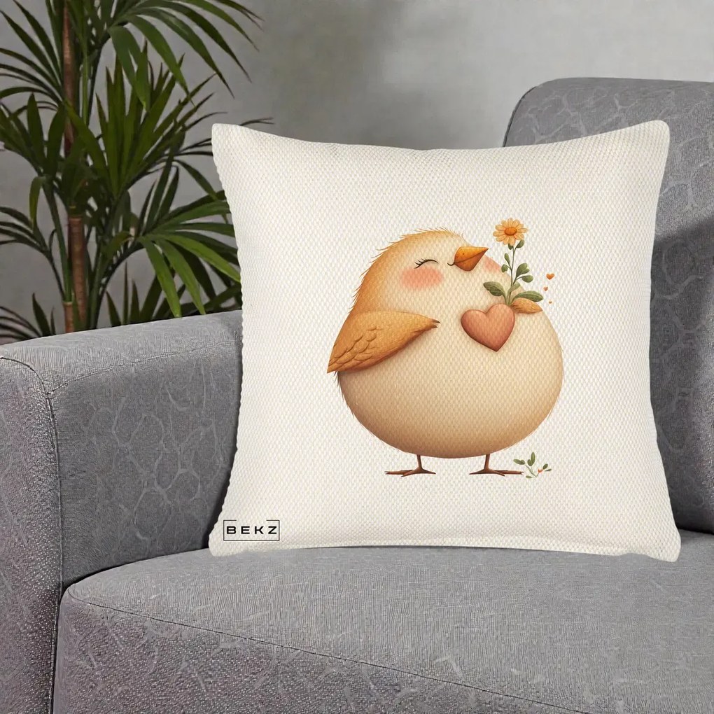 Perna Decorativa Pui cu Inima si Floarea-Soarelui, 40x40 cm, Crem Reliefat, Husa Detasabila, Perna Inclusa, BEKZ®