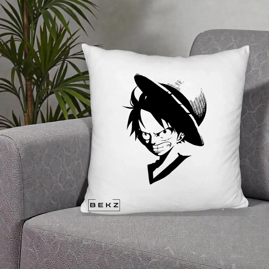 Perna Personalizata One Piece Luffy Silueta Alb-Negru, 40x40 cm, Alb Pufos, Husa Detasabila, Perna Inclusa, BEKZ®