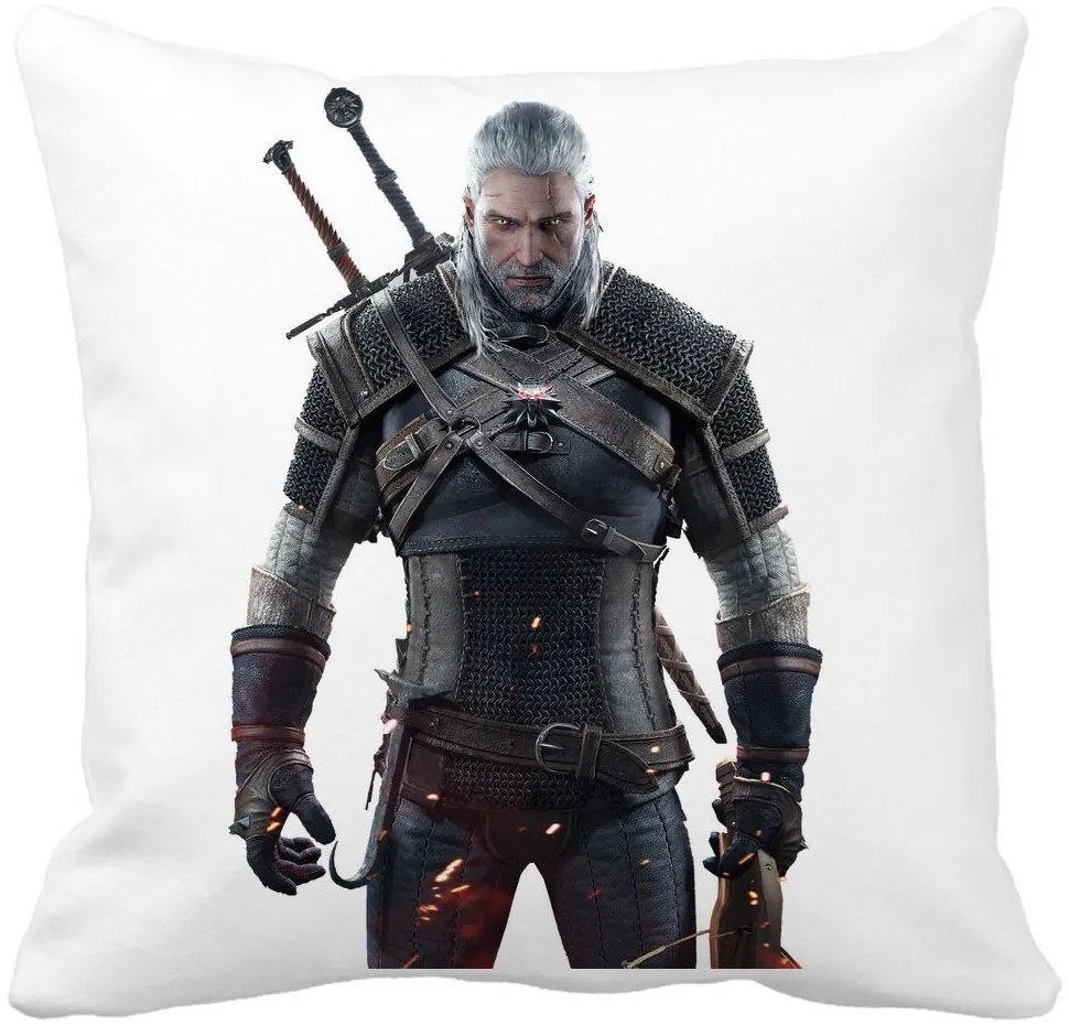 Perna Decorativa cu The Witcher 2, 40x40 cm, Alba, Mata, Husa Detasabila, Burduf