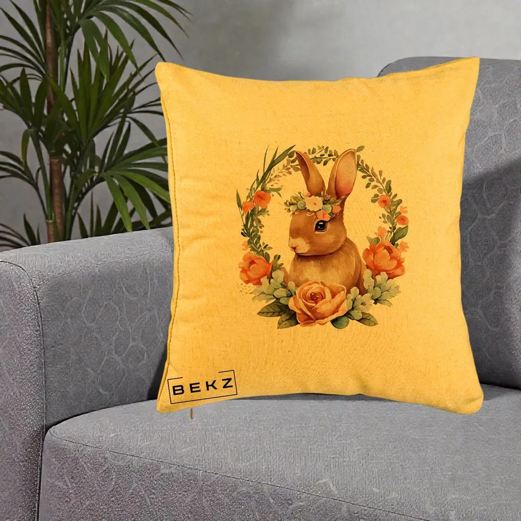 Perna Decorativa Iepuras Floral Coronita Acuarela, 40x40 cm, Galben, Husa Detasabila, Perna Inclusa, BEKZ®