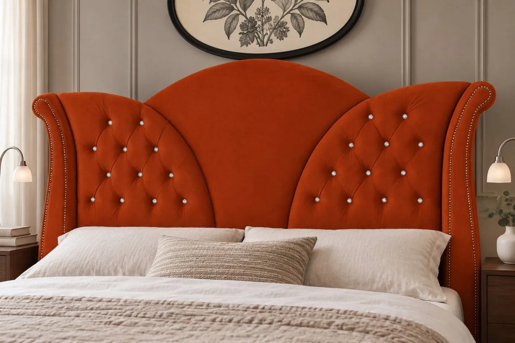 Pat tapițat Chesterfield din catifea Velora Deluxe 160×200 cm, cărămiziu, cu ladă de depozitare