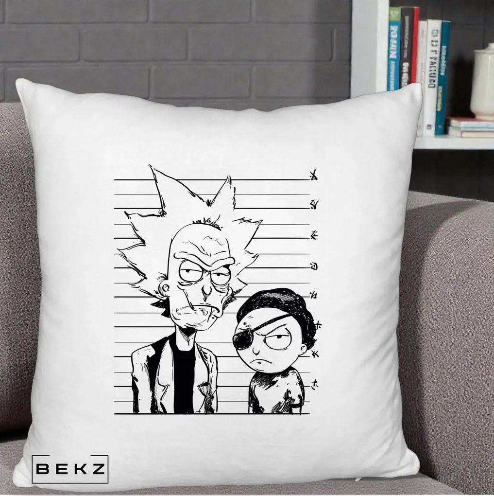 Perna Personalizata Rick si Morty Dosar, 40x40 cm, Alb Pufos, Husa Detasabila, Perna Inclusa, BEKZ®