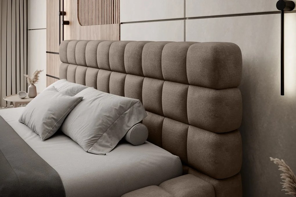 Pat tapitat cu somiera rabatabila si lada depozitare, 180x200 cm, ELTAP, BE-DIZ-MET-20AMO, Dizzle, metal/poliester, bej inchis