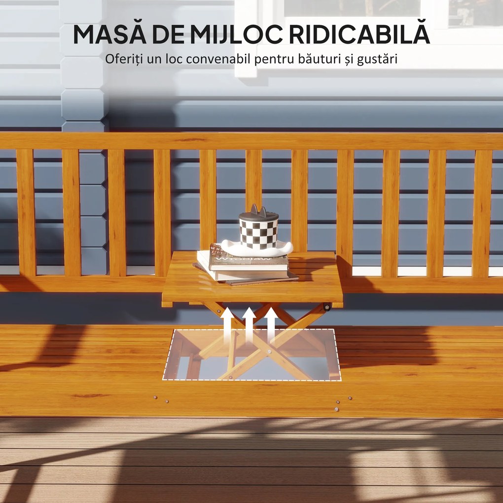 Outsunny Bancă de Grădină pentru 2-3 Persoane din Lemn de Pin, Bancă de Exterior cu Măsuță Rabatabilă și Brațe, pentru Balcon și Terasă, 153x56x91 cm, Maro Deschis | Aosom Romania