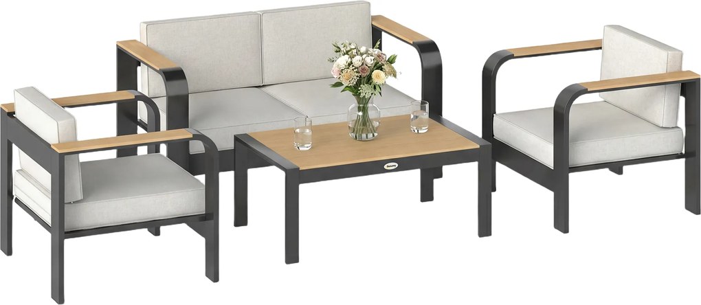 Outsunny Set mobilier grădină din aluminiu, grup de șezut pentru 4 persoane, rezistent la apă, extra-adânc, cu canapea 2 locuri, 2 fotolii, măsuță laterală | Aosom Romania