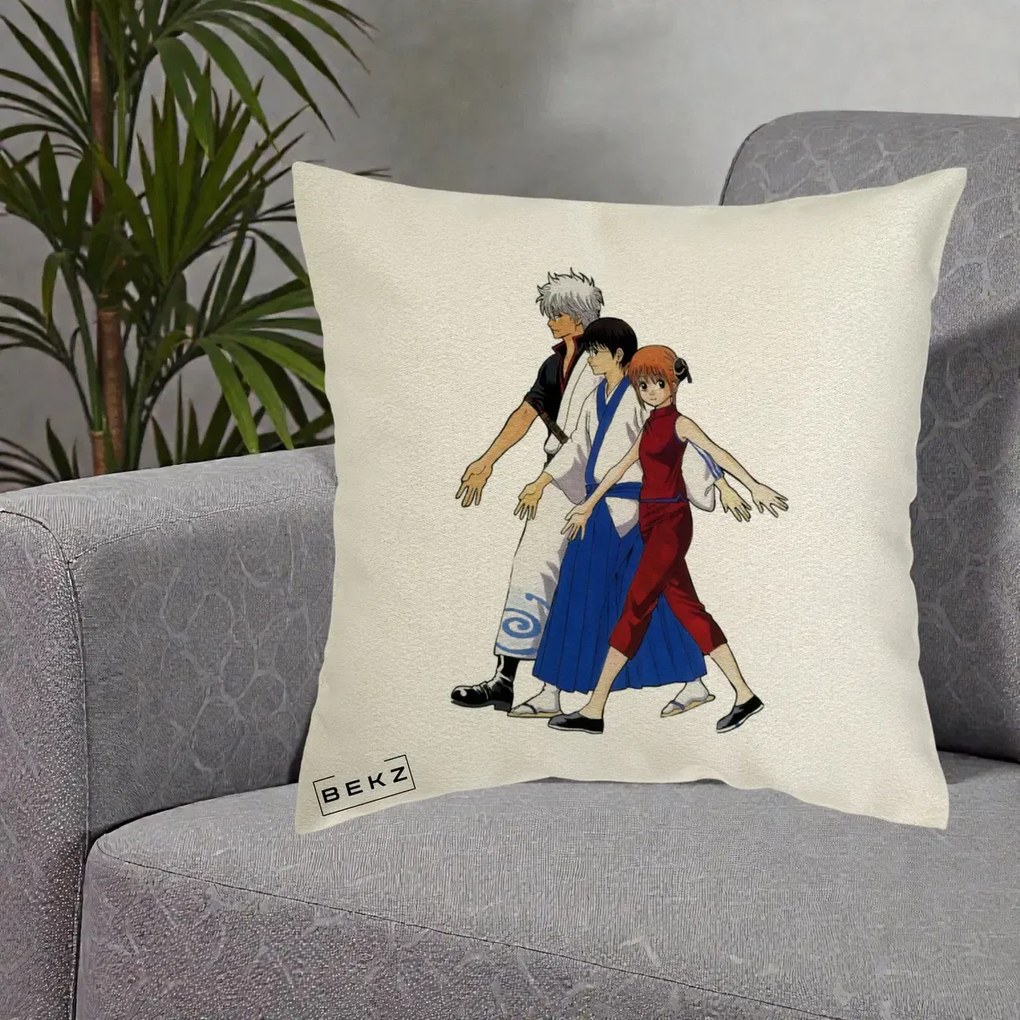 Perna Personalizata Gintama Trio Gintoki Shinpachi Kagura, 40x40 cm, Ecru, Husa Detasabila, Perna Inclusa, BEKZ®